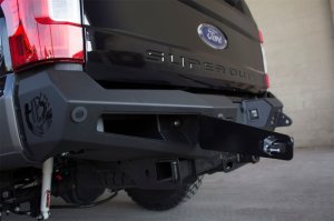 Ford F-250 Rear Bumper - Addictive Desert Designs - HoneyBadger with Lockable Tool Boxes, Backup Sensor Cutouts, and D-Ring Clevis Mounts - Hammer Black and Satin Black - `17-`27 Ford F-250 Rear Bumper - Addictive Desert Designs - HoneyBadger with Lockable Tool Boxes, Backup Sensor Cutouts, and D-Ring Clevis Mounts - Hammer Black and Satin Black - `17-`27